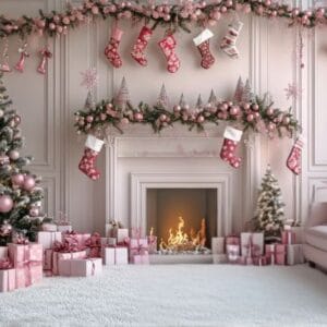 a festive living room adorned with pink and gold christmas decor and gifts for the holidays