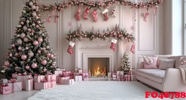 a festive living room adorned with pink and gold christmas decor and gifts for the holidays