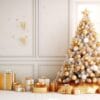 christmas tree with golden baubles and presents on floor. merry christmas holiday