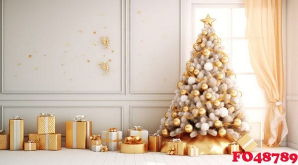 christmas tree with golden baubles and presents on floor. merry christmas holiday