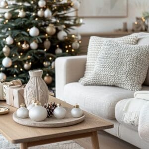 elegant living room decorated for the holiday season with a christmas tree