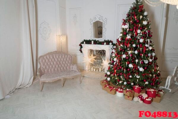 christmas living room with a fireplace, sofa, christmas tree and gifts. beautiful new year decorated classic home interior.