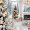 elegant christmas living room with tree decorations and snowy landscape