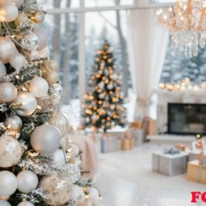 elegant christmas living room with tree decorations and snowy landscape