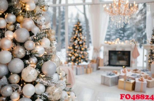 elegant christmas living room with tree decorations and snowy landscape