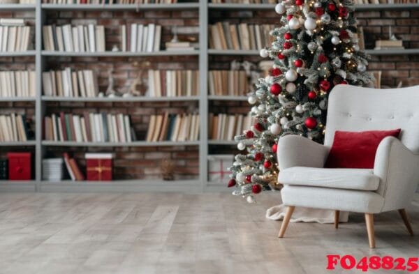 cozy living room with christmas tree and bookcase decorated for the holidays