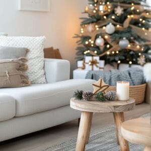 elegant living room decorated for the holiday season with a christmas tree