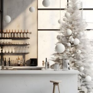 white christmas tree and hanging lights in a modern kitchen