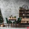 the christmas decor of a room with green christmas tree and wood