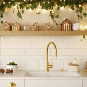 charming holiday kitchen adorned with festive greenery and decorative gingerbread houses