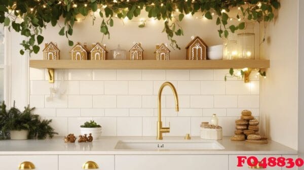 charming holiday kitchen adorned with festive greenery and decorative gingerbread houses