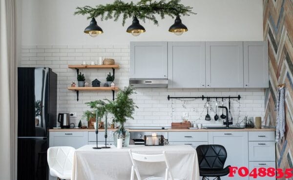 modern kitchen interior decorated for christmas