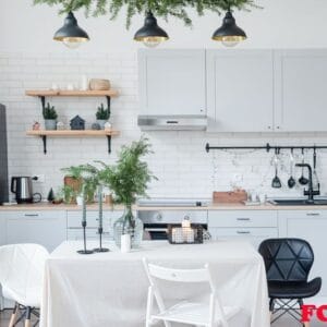 modern kitchen interior decorated for christmas