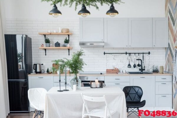 modern kitchen interior decorated for christmas