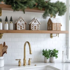 cozy kitchen decorated for the holidays with gingerbread houses and festive greenery in winter