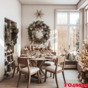 interior of modern dining room with a christmas tree and a wreat