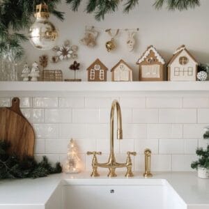 cozy kitchen decorated for the holidays with gingerbread houses and festive greenery in winter