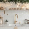 charming holiday kitchen adorned with festive greenery and decorative gingerbread houses