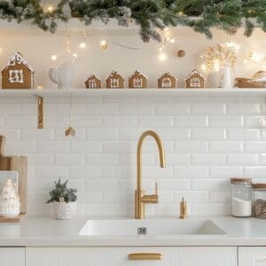 charming holiday kitchen adorned with festive greenery and decorative gingerbread houses