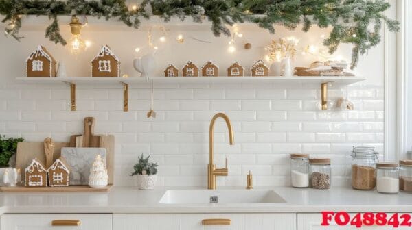 charming holiday kitchen adorned with festive greenery and decorative gingerbread houses