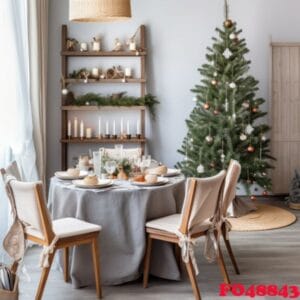 interior of modern dining room with a christmas tree and a wreat