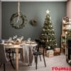 interior of modern dining room with a christmas tree and a wreat