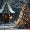 a beautiful decorated christmas tree stands in the courtyard of a large fairy tale house in the evening. generated ai