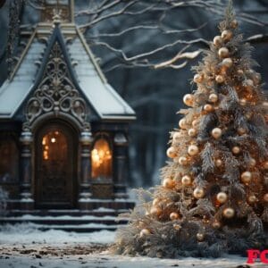 a beautiful decorated christmas tree stands in the courtyard of a large fairy tale house in the evening. generated ai