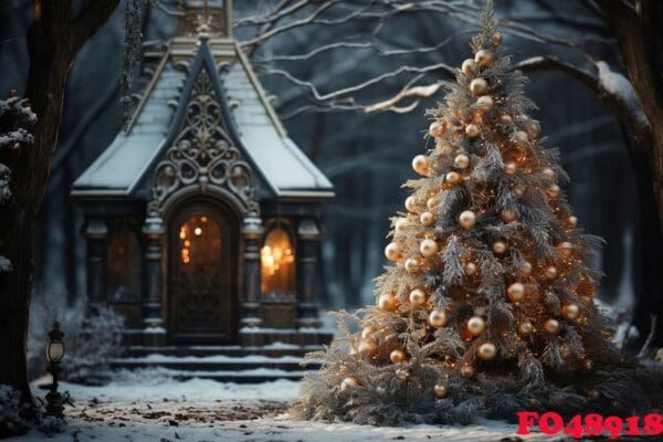 a beautiful decorated christmas tree stands in the courtyard of a large fairy tale house in the evening. generated ai