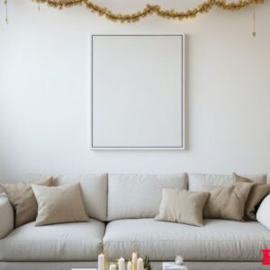 a white couch with a christmas tree in the background