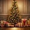 christmas tree with golden baubles and presents on floor. merry christmas holiday