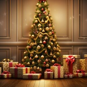 christmas tree with golden baubles and presents on floor. merry christmas holiday