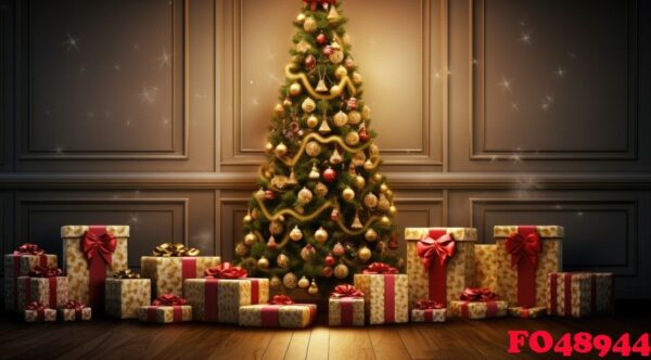 christmas tree with golden baubles and presents on floor. merry christmas holiday