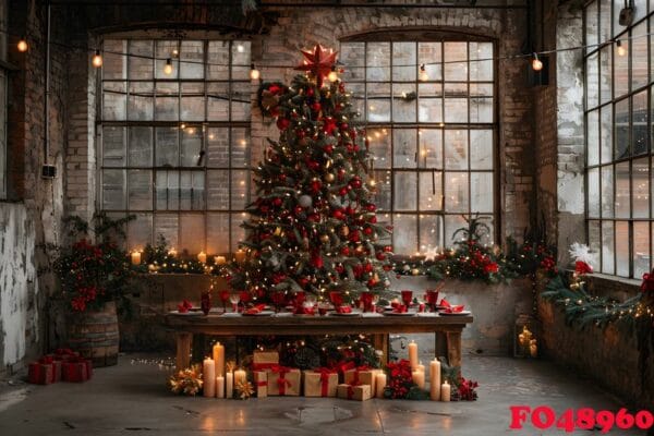 rustic christmas celebration with decorated tree and gift boxes in cozy industrial setting for festive holiday decor generative ai