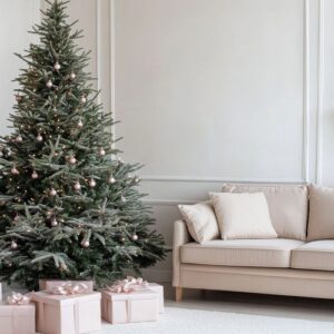 cozy living room with a decorated christmas tree and pastel gift boxes during the holiday season