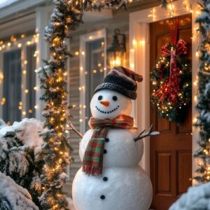 a cheerful snowman greets visitors at a warmly decorated front door during winter festivities