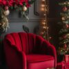 cozy red chair in a festive room decorated with a christmas tree and poinsettias