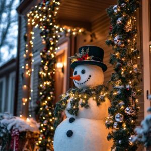 a cheerful snowman greets visitors at a warmly decorated front door during winter festivities