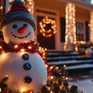 snowman decorated with lights and garlands in a snowy front yard during the holiday season