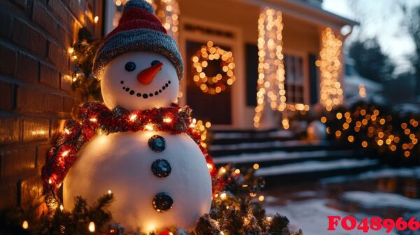 snowman decorated with lights and garlands in a snowy front yard during the holiday season