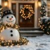 snowman decorated with lights and garlands in a snowy front yard during the holiday season