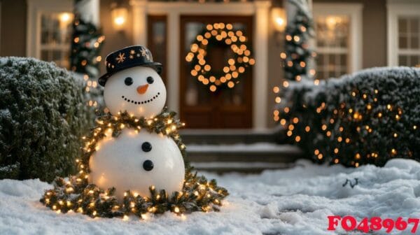 snowman decorated with lights and garlands in a snowy front yard during the holiday season