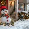 snowman decorated with lights and garlands in a snowy front yard during the holiday season