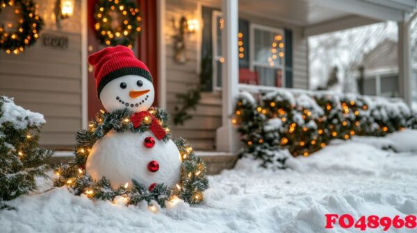 snowman decorated with lights and garlands in a snowy front yard during the holiday season