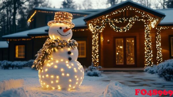 snowman decorated with lights and garlands in a snowy front yard during the holiday season