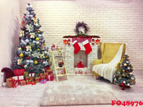 backdrop interior room decorated in christmas style with christmas tree and gift boxes