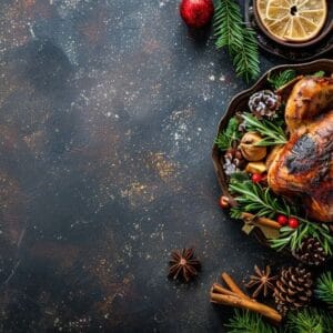 roasted turkey with christmas decorations