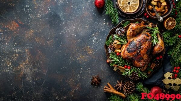 roasted turkey with christmas decorations