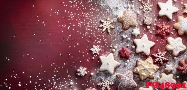 festive christmas cookies and decorations on red background