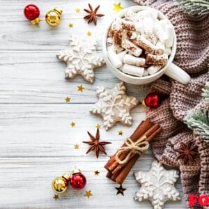 christmas composition with cup of hot chocolate and decorations